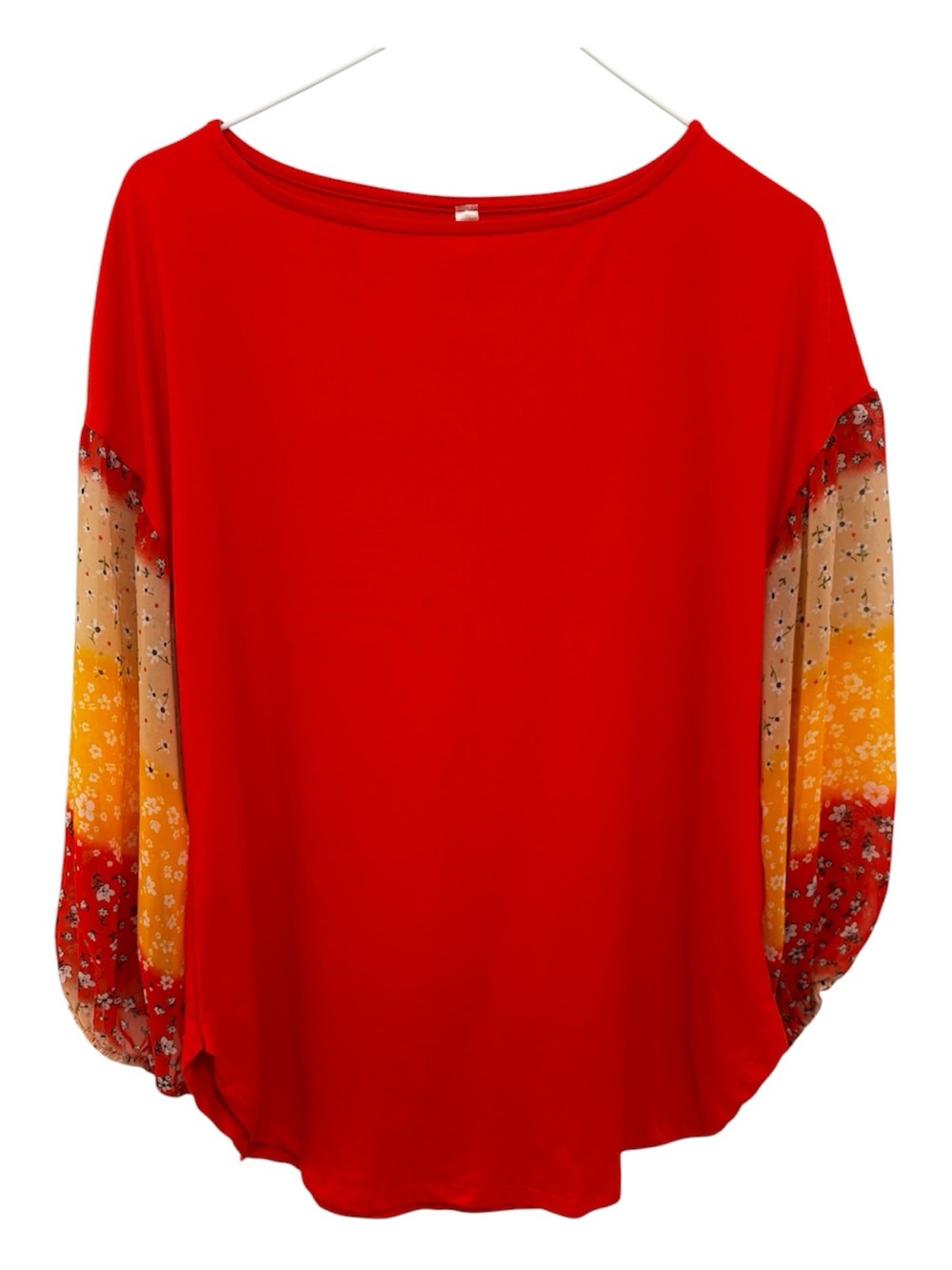 Emerald Red Boatneck Tunic with Floral Ombre Sleeves